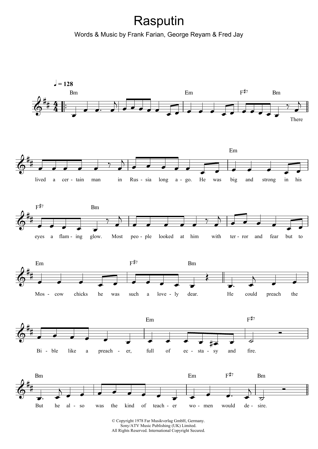 Boney M Rasputin sheet music notes and chords. Download Printable PDF.