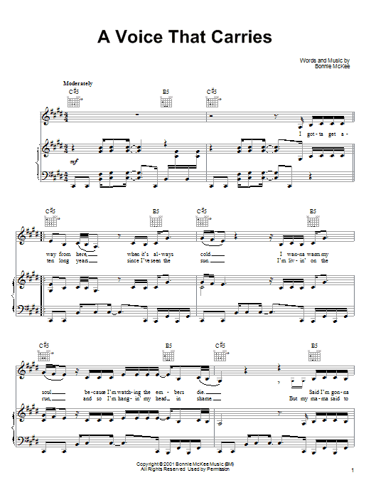Learn to play Bonnie McKee A Voice That Carries sheet music for Piano, Vocal & Guitar Chords (Right-Hand Melody) in minutes. Price: 7.8900$ Bonnie McKee A Voice That Carries sheet music notes and chords arranged for Piano, Vocal & Guitar Chords (Right-Hand Melody)