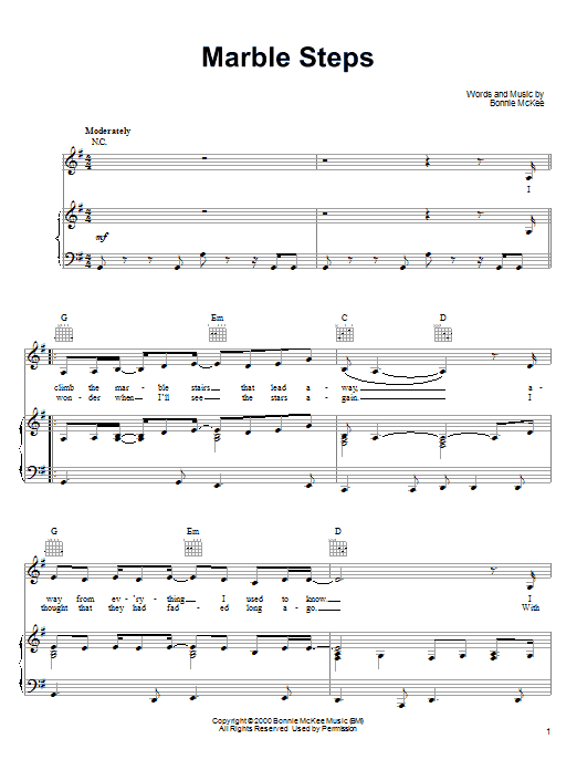 Learn to play Bonnie McKee Marble Steps sheet music for Piano, Vocal & Guitar Chords (Right-Hand Melody) in minutes. Price: 7.8900$ Bonnie McKee Marble Steps sheet music notes and chords arranged for Piano, Vocal & Guitar Chords (Right-Hand Melody)