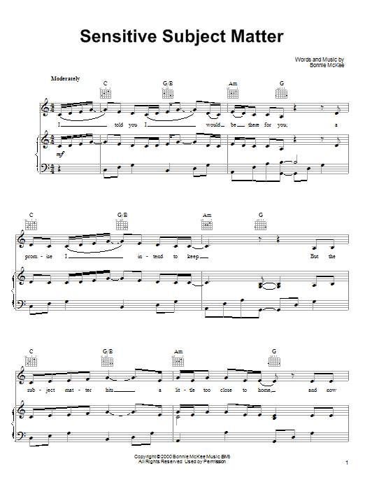 Learn to play Bonnie McKee Sensitive Subject Matter sheet music for Piano, Vocal & Guitar Chords (Right-Hand Melody) in minutes. Price: 7.8900$ Bonnie McKee Sensitive Subject Matter sheet music notes and chords arranged for Piano, Vocal & Guitar Chords (Right-Hand Melody)