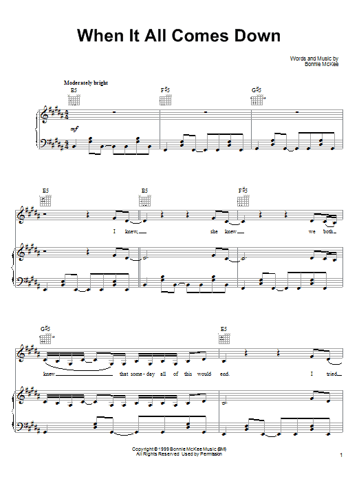 Learn to play Bonnie McKee When It All Comes Down sheet music for Piano, Vocal & Guitar Chords (Right-Hand Melody) in minutes. Price: 7.8900$ Bonnie McKee When It All Comes Down sheet music notes and chords arranged for Piano, Vocal & Guitar Chords (Right-Hand Melody)