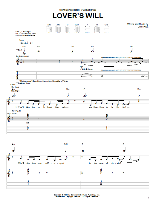 Learn to play Bonnie Raitt Lover's Will sheet music for Guitar Tab in minutes. Price: 7.8900$ Bonnie Raitt Lover's Will sheet music notes and chords arranged for Guitar Tab