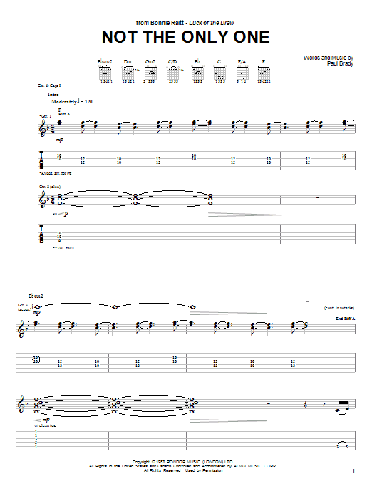 Learn to play Bonnie Raitt Not The Only One sheet music for Guitar Tab in minutes. Price: 7.8900$ Bonnie Raitt Not The Only One sheet music notes and chords arranged for Guitar Tab