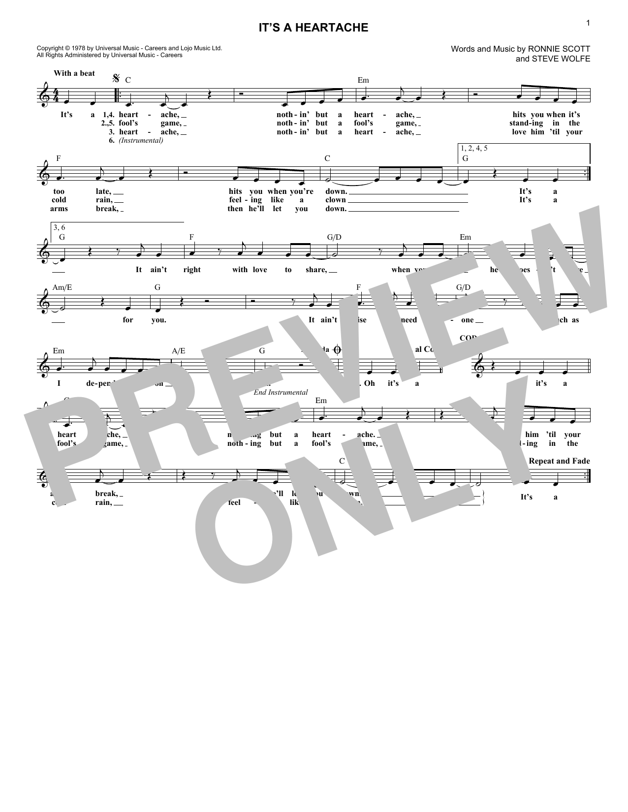 Bonnie Tyler It's A Heartache sheet music notes and chords. Download Printable PDF.