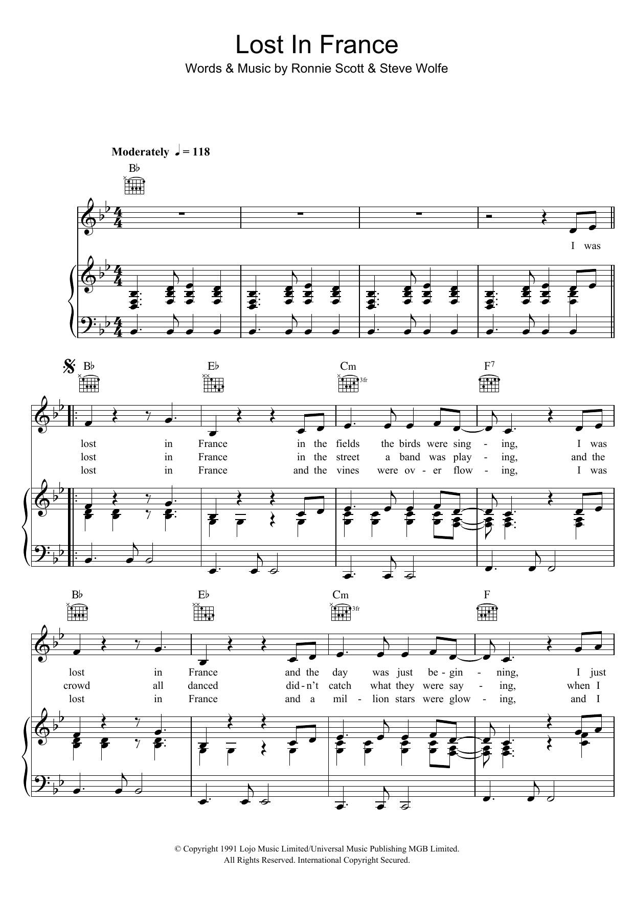 Bonnie Tyler Lost In France sheet music notes and chords. Download Printable PDF.