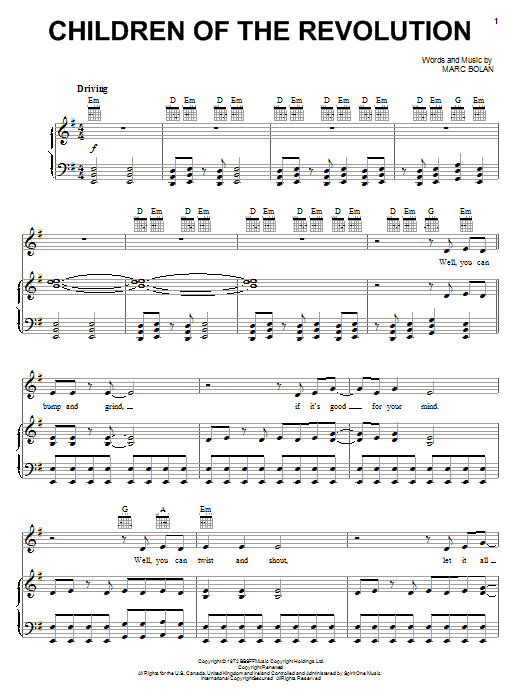 Learn to play T. Rex Children Of The Revolution sheet music for Piano, Vocal & Guitar Chords (Right-Hand Melody) in minutes. Price: 7.8900$ T. Rex Children Of The Revolution sheet music notes and chords arranged for Piano, Vocal & Guitar Chords (Right-Hand Melody)