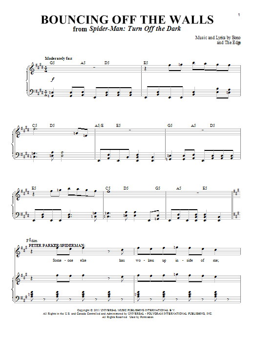 Learn to play Bono & The Edge Bouncing Off The Walls sheet music for Piano & Vocal in minutes. Price: 7.8900$ Bono & The Edge Bouncing Off The Walls sheet music notes and chords arranged for Piano & Vocal