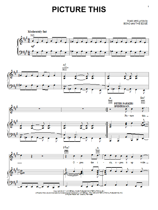 Learn to play Bono & The Edge Picture This sheet music for Piano, Vocal & Guitar Chords (Right-Hand Melody) in minutes. Price: 7.8900$ Bono & The Edge Picture This sheet music notes and chords arranged for Piano, Vocal & Guitar Chords (Right-Hand Melody)