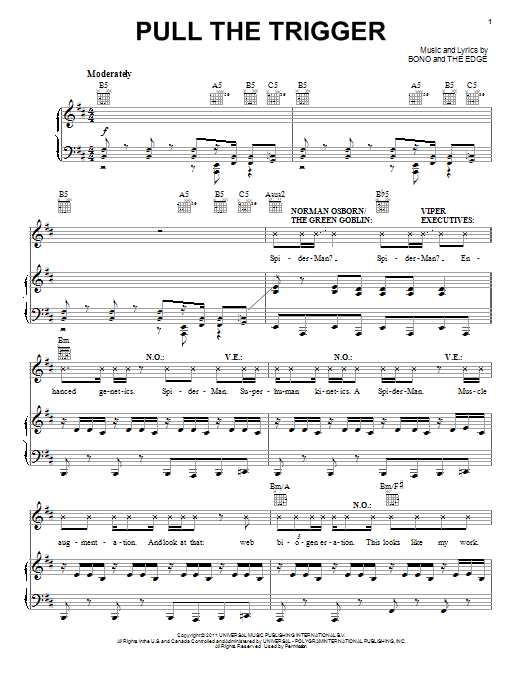 Learn to play Bono & The Edge Pull The Trigger sheet music for Piano, Vocal & Guitar Chords (Right-Hand Melody) in minutes. Price: 7.8900$ Bono & The Edge Pull The Trigger sheet music notes and chords arranged for Piano, Vocal & Guitar Chords (Right-Hand Melody)