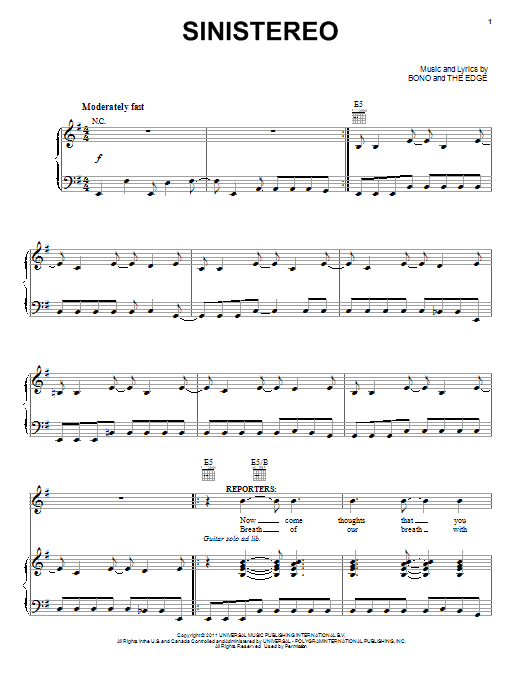Learn to play Bono & The Edge Sinistereo sheet music for Piano, Vocal & Guitar Chords (Right-Hand Melody) in minutes. Price: 7.8900$ Bono & The Edge Sinistereo sheet music notes and chords arranged for Piano, Vocal & Guitar Chords (Right-Hand Melody)