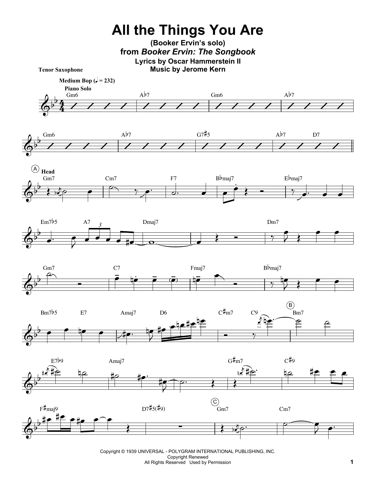 Learn to play Booker Ervin All The Things You Are sheet music for Tenor Sax Transcription in minutes. Price: 6.9900$ Booker Ervin All The Things You Are sheet music notes and chords arranged for Tenor Sax Transcription