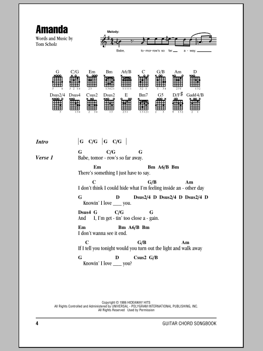 Boston Amanda sheet music notes and chords. Download Printable PDF.