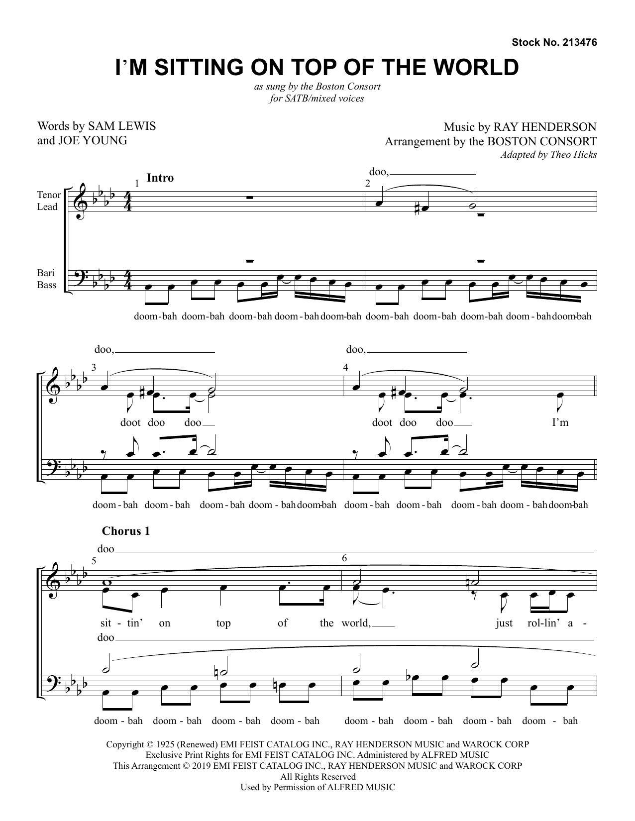 Learn to play Boston Consort I'm Sitting On Top Of The World (arr. Boston Consort) sheet music for SATB Choir in minutes. Price: 3.9900$ Boston Consort I'm Sitting On Top Of The World (arr. Boston Consort) sheet music notes and chords arranged for SATB Choir