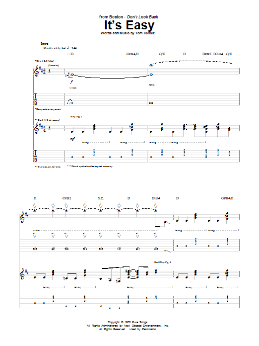 Learn to play Boston It's Easy sheet music for Guitar Tab in minutes. Price: 7.8900$ Boston It's Easy sheet music notes and chords arranged for Guitar Tab