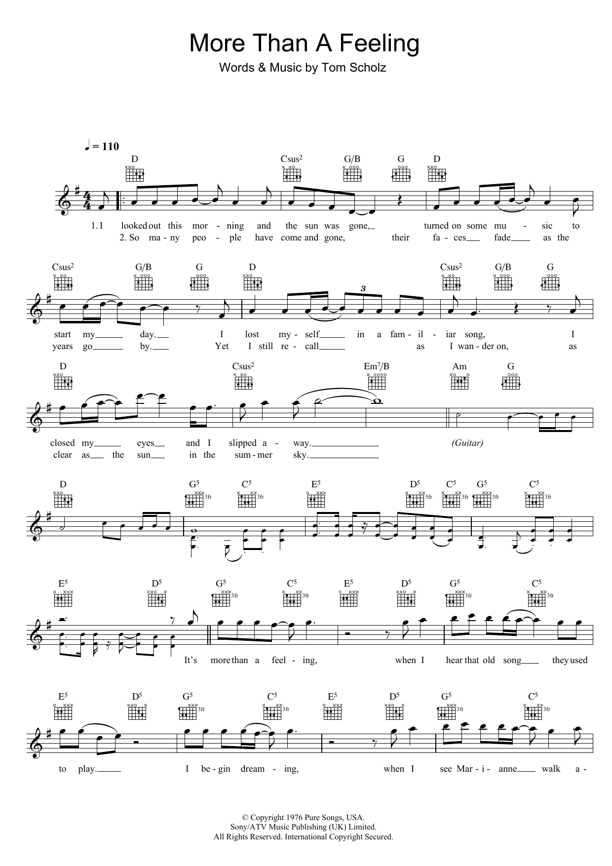 Boston More Than A Feeling sheet music notes and chords arranged for Real Book – Melody, Lyrics & Chords