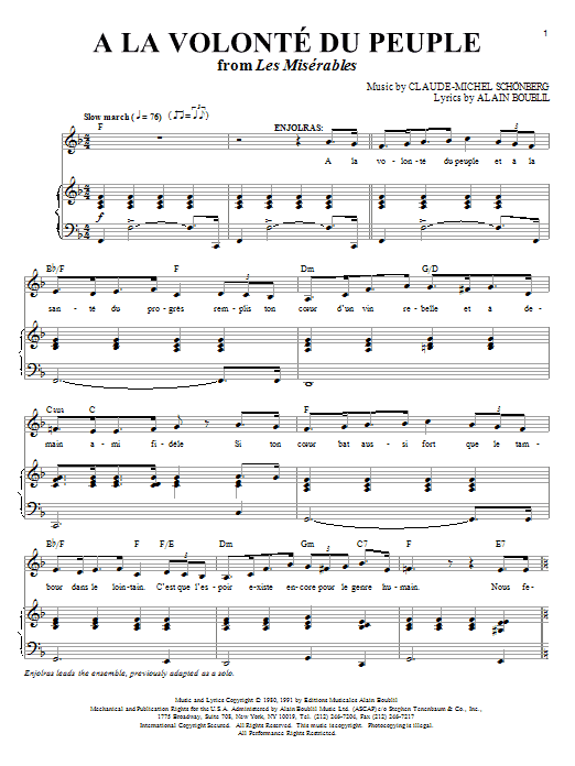 Learn to play Boublil and Schonberg A La Volonte Du Peuple sheet music for Piano & Vocal in minutes. Price: 7.8900$ Boublil and Schonberg A La Volonte Du Peuple sheet music notes and chords arranged for Piano & Vocal