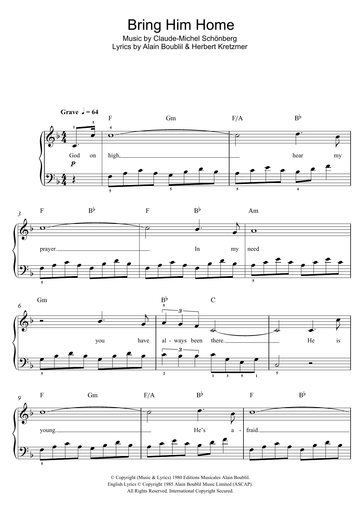 Boublil and Schonberg Bring Him Home (from Les Miserables) sheet music notes and chords. Download Printable PDF.