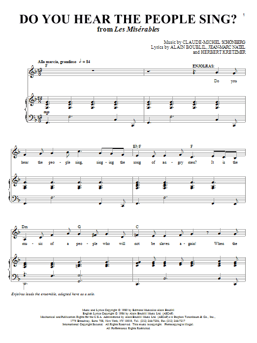 Learn to play Boublil and Schonberg Do You Hear The People Sing? sheet music for Piano & Vocal in minutes. Price: 7.8900$ Boublil and Schonberg Do You Hear The People Sing? sheet music notes and chords arranged for Piano & Vocal