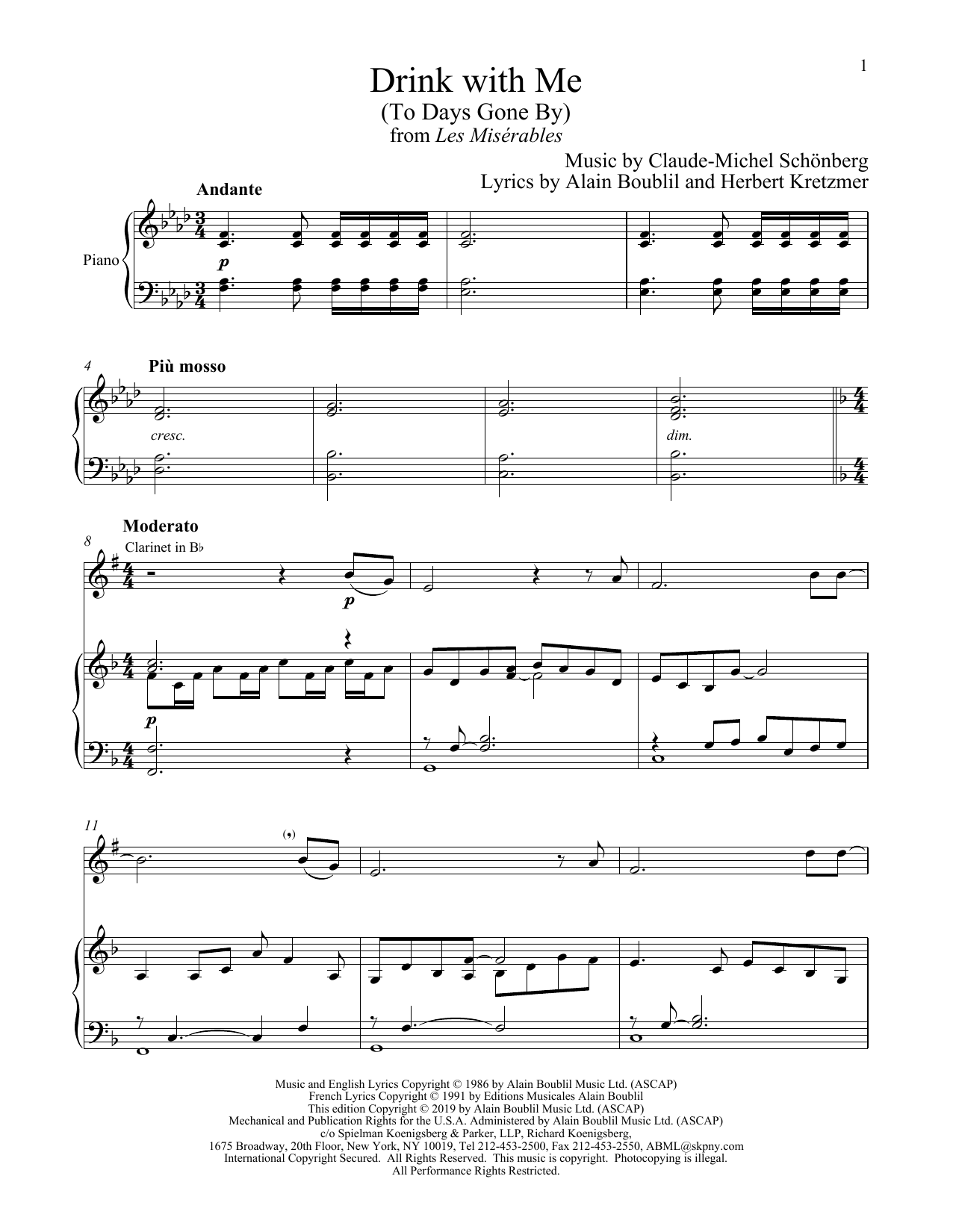 Boublil and Schonberg Drink With Me (To Days Gone By) (from Les Miserables) sheet music notes and chords. Download Printable PDF.