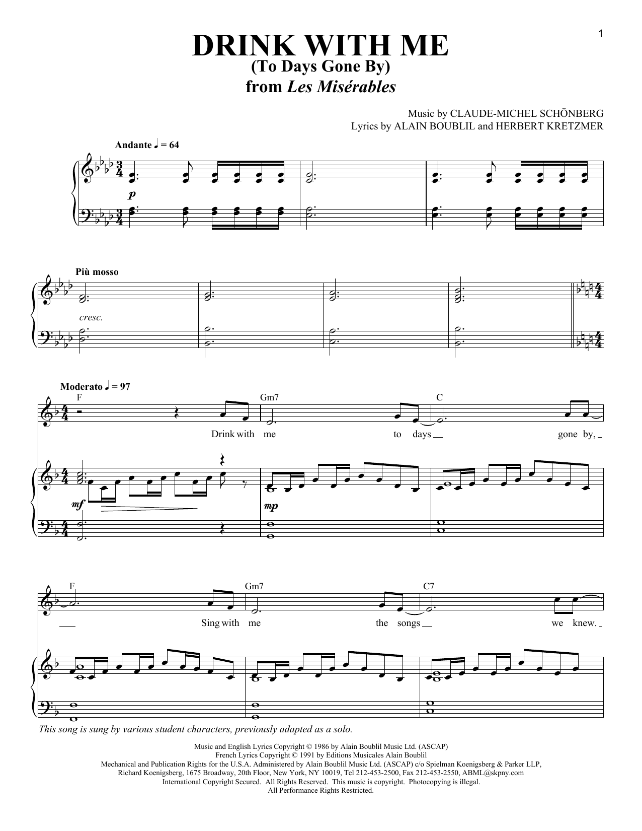 Learn to play Boublil and Schonberg Drink With Me (To Days Gone By) sheet music for Piano & Vocal in minutes. Price: 7.8900$ Boublil and Schonberg Drink With Me (To Days Gone By) sheet music notes and chords arranged for Piano & Vocal