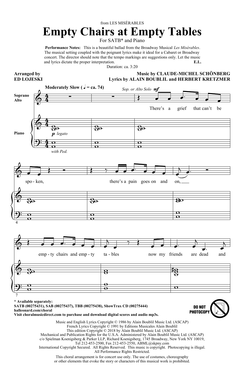 Boublil and Schonberg Empty Chairs At Empty Tables (from Les Miserables) (arr. Ed Lojeski) sheet music notes and chords arranged for SATB Choir