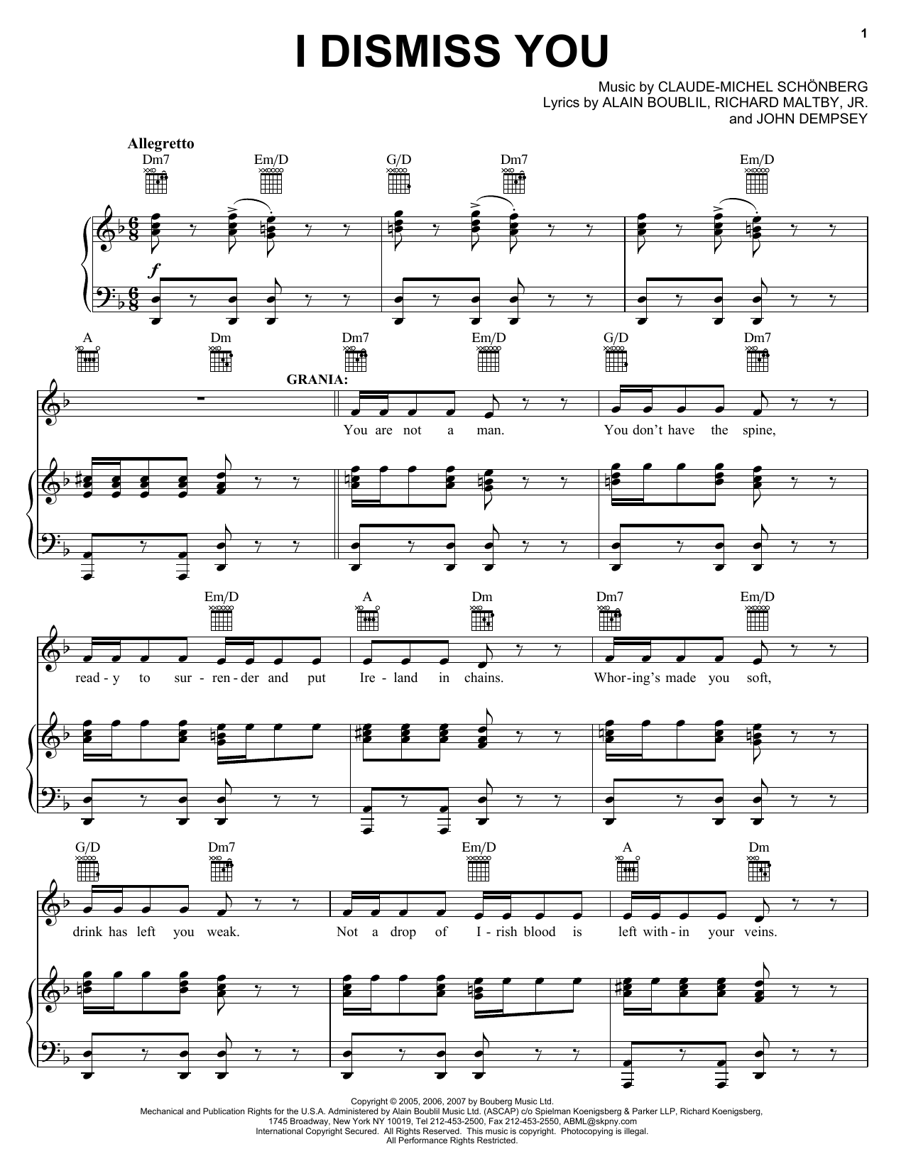 Boublil and Schonberg I Dismiss You (from The Pirate Queen) sheet music notes and chords arranged for Piano, Vocal & Guitar Chords (Right-Hand Melody)