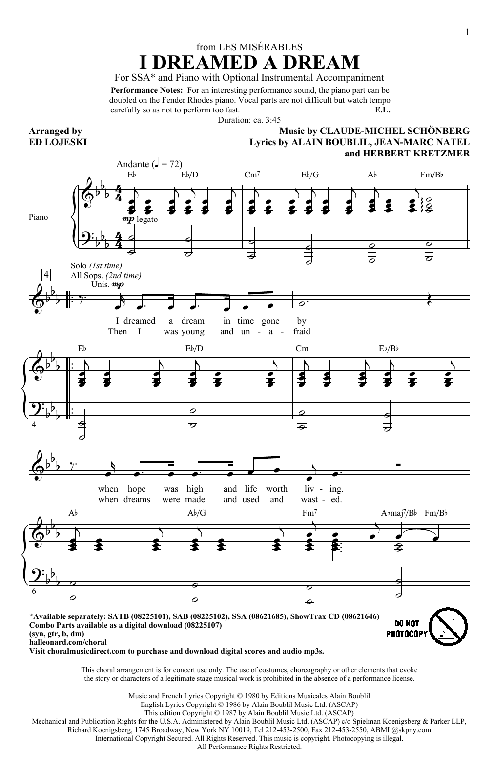 Boublil and Schonberg I Dreamed A Dream (from Les Miserables) (arr. Ed Lojeski) sheet music notes and chords. Download Printable PDF.