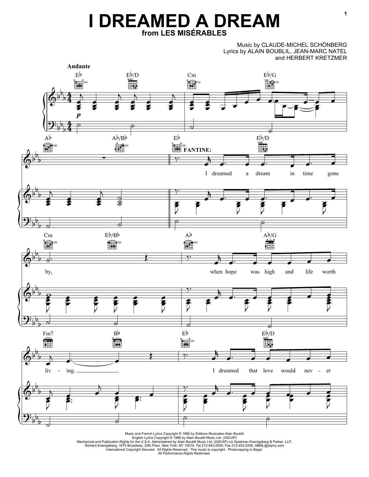 Boublil and Schonberg I Dreamed A Dream (from Les Miserables) sheet music notes and chords. Download Printable PDF.