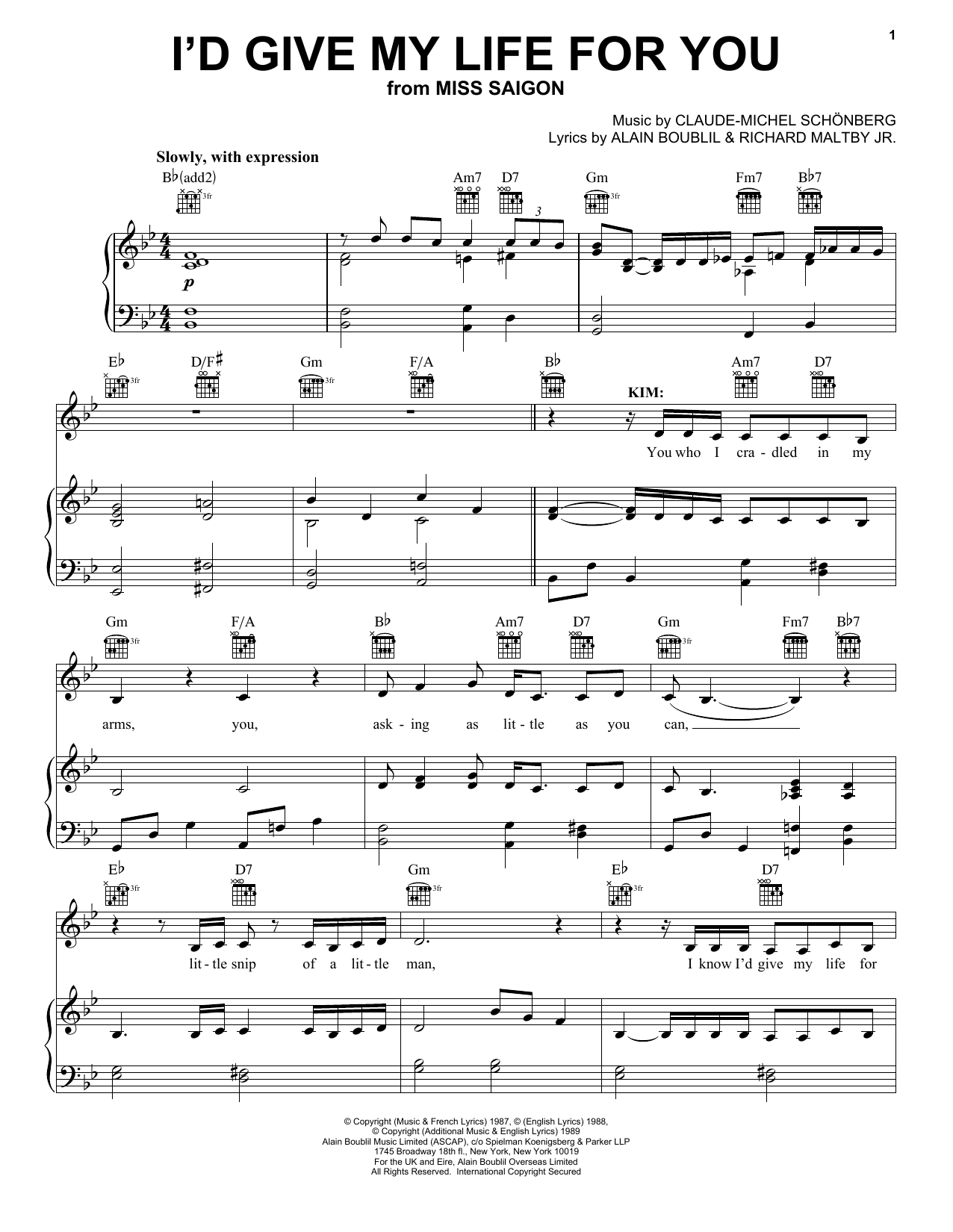 Boublil and Schonberg I'd Give My Life For You (from Miss Saigon) sheet music notes and chords. Download Printable PDF.