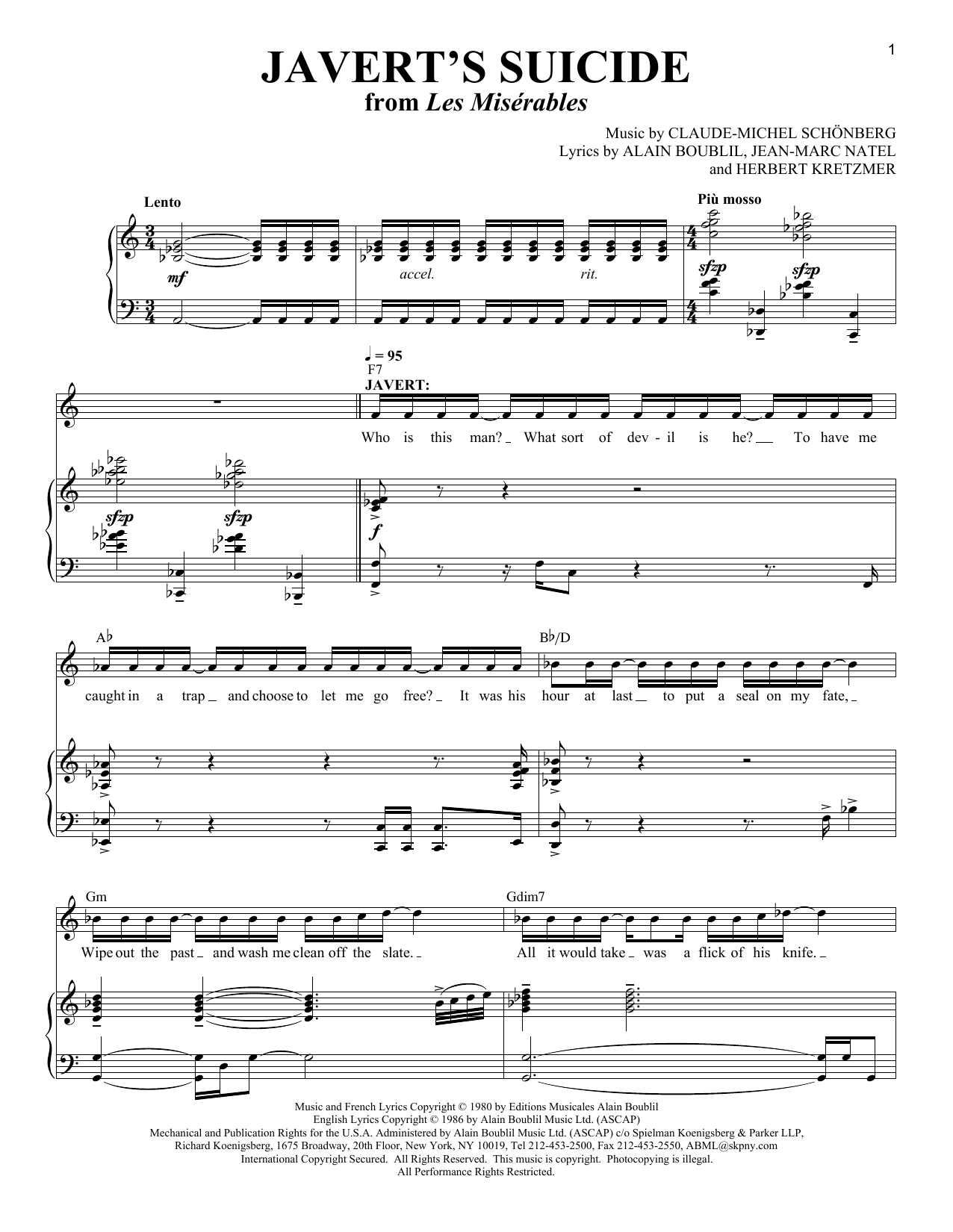 Learn to play Boublil and Schonberg Javert's Suicide sheet music for Piano & Vocal in minutes. Price: 7.8900$ Boublil and Schonberg Javert's Suicide sheet music notes and chords arranged for Piano & Vocal