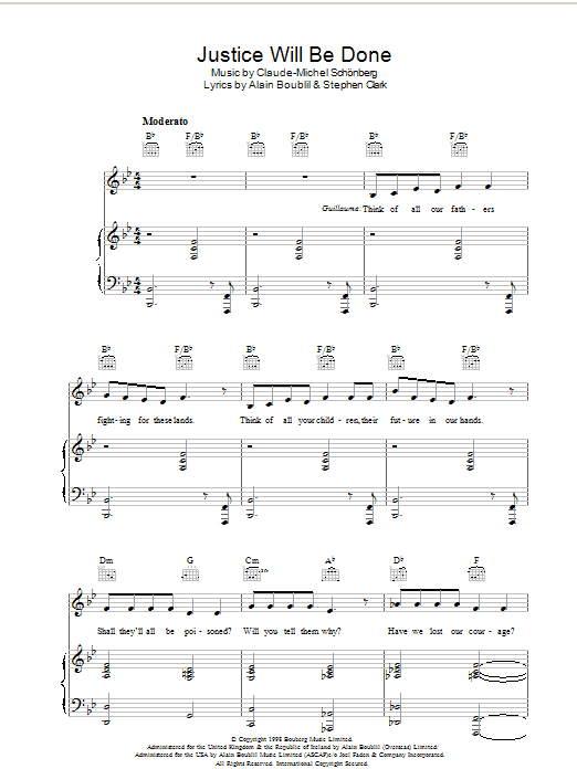 Learn to play Boublil and Schonberg Justice Will Be Done (from Martin Guerre) sheet music for Piano, Vocal & Guitar Chords in minutes. Price: 7.8900$ Boublil and Schonberg Justice Will Be Done (from Martin Guerre) sheet music notes and chords arranged for Piano, Vocal & Guitar Chords