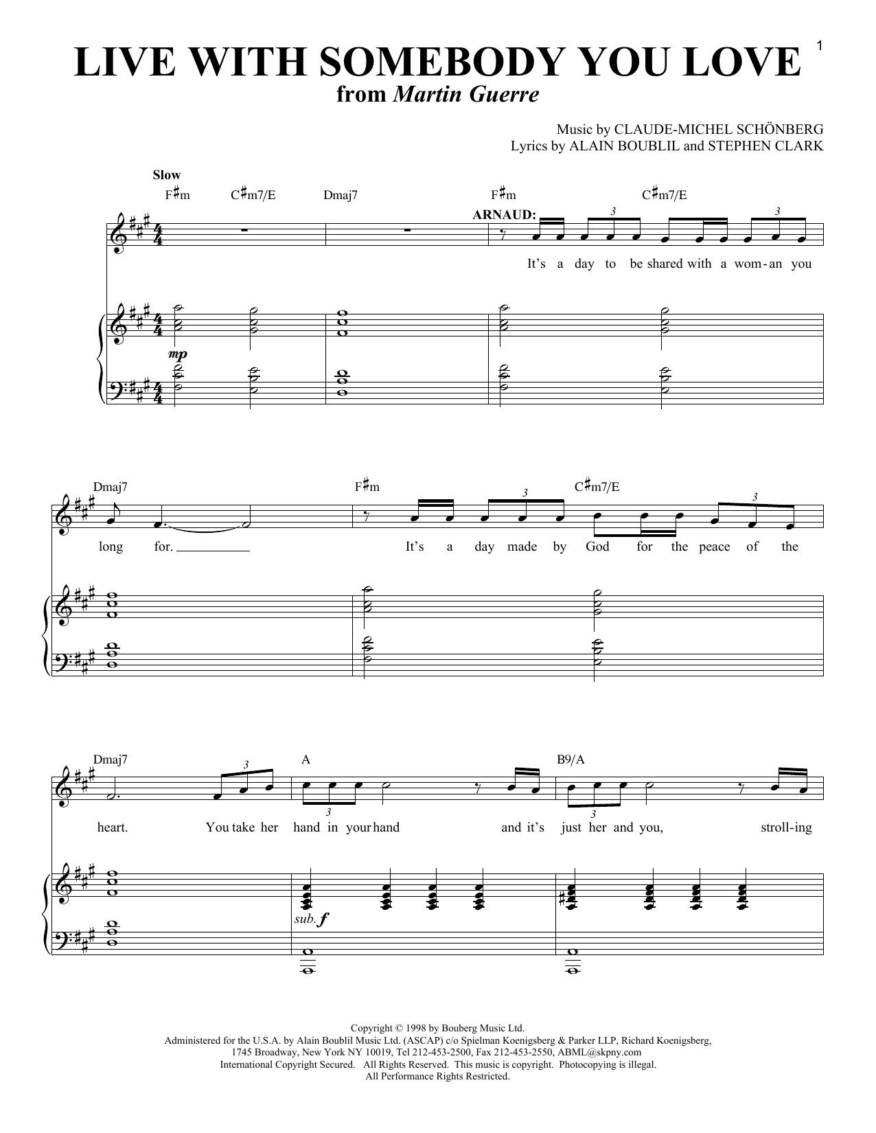 Learn to play Boublil and Schonberg Live With Somebody You Love (from Martin Guerre) sheet music for Piano, Vocal & Guitar Chords (Right-Hand Melody) in minutes. Price: 7.8900$ Boublil and Schonberg Live With Somebody You Love (from Martin Guerre) sheet music notes and chords arranged for Piano, Vocal & Guitar Chords (Right-Hand Melody)