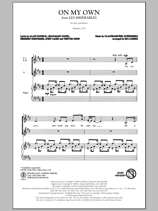 Boublil and Schonberg On My Own (from Les Miserables) (arr. Ed Lojeski) sheet music notes and chords. Download Printable PDF.