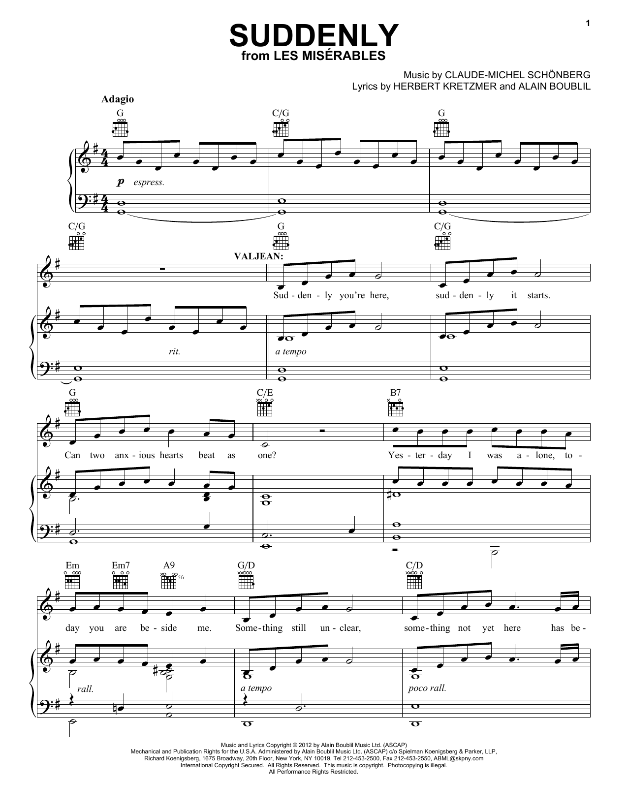 Boublil and Schonberg Suddenly (from Les Miserables) sheet music notes and chords. Download Printable PDF.