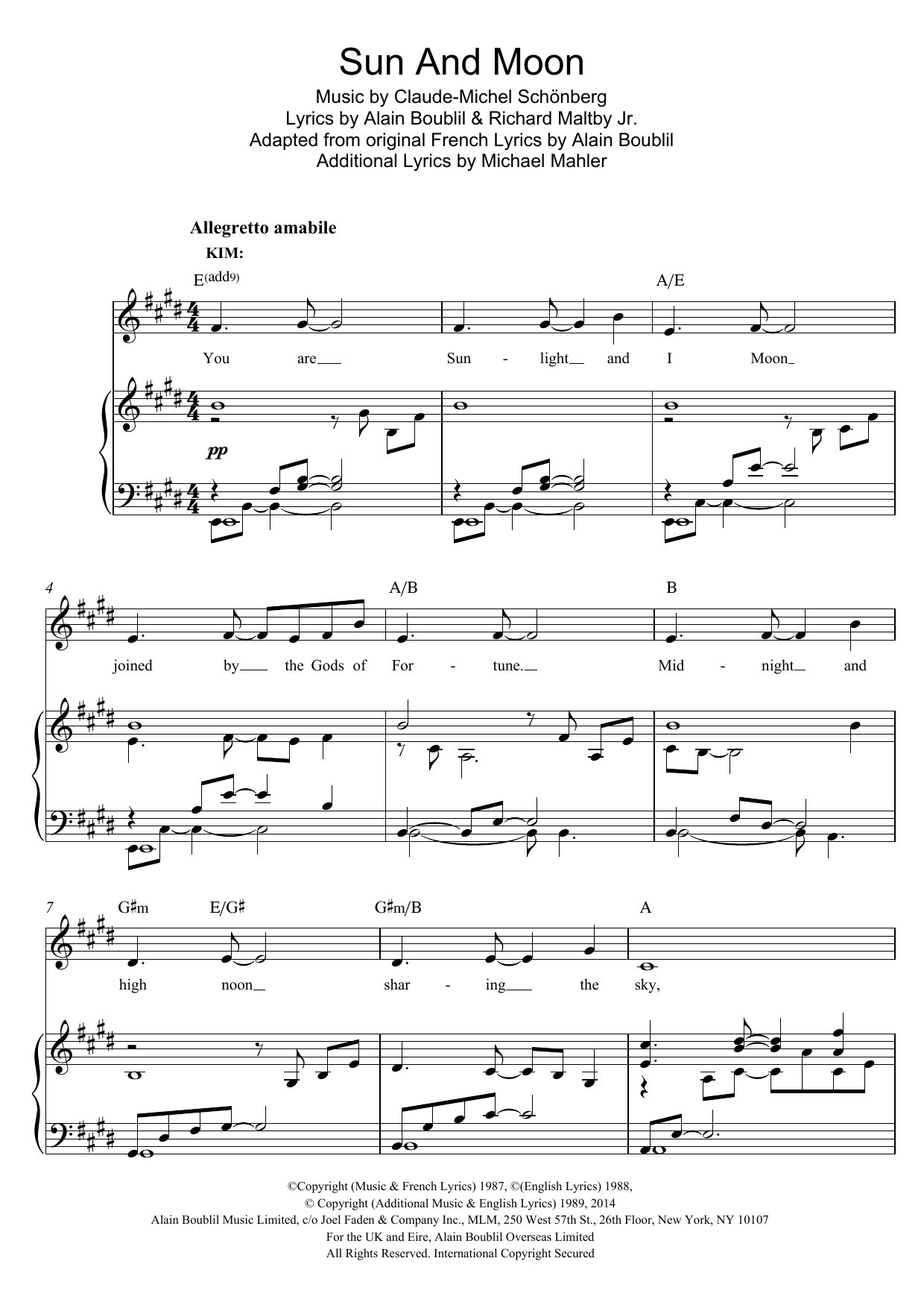 Learn to play Boublil and Schonberg Sun And Moon sheet music for Piano & Vocal in minutes. Price: 7.8900$ Boublil and Schonberg Sun And Moon sheet music notes and chords arranged for Piano & Vocal