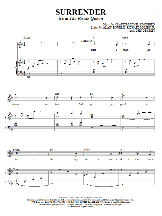 Boublil and Schonberg Surrender (from The Pirate Queen) sheet music notes and chords arranged for Piano & Vocal