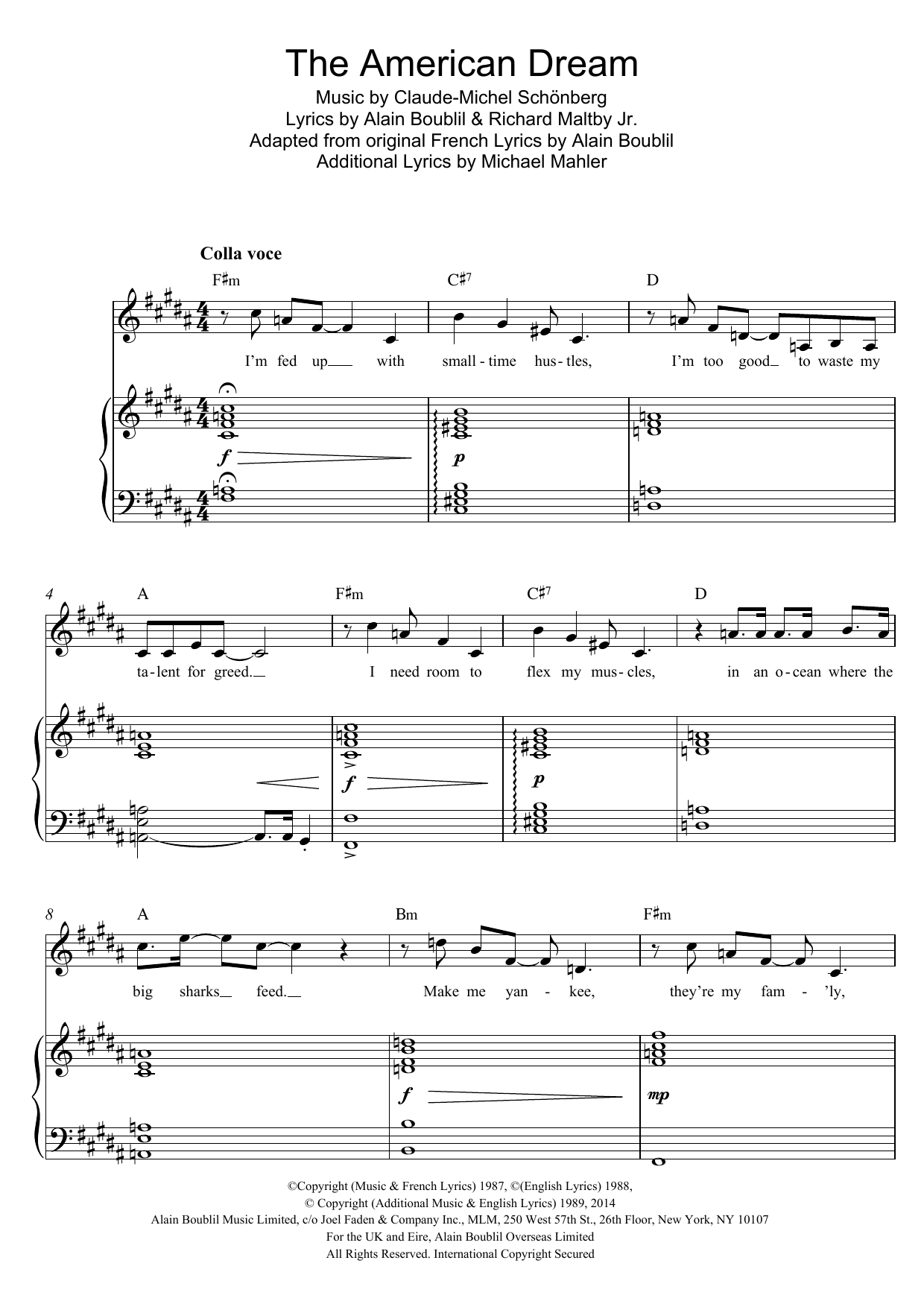 Learn to play Boublil and Schonberg The American Dream (from Miss Saigon) sheet music for Piano & Vocal in minutes. Price: 7.8900$ Boublil and Schonberg The American Dream (from Miss Saigon) sheet music notes and chords arranged for Piano & Vocal