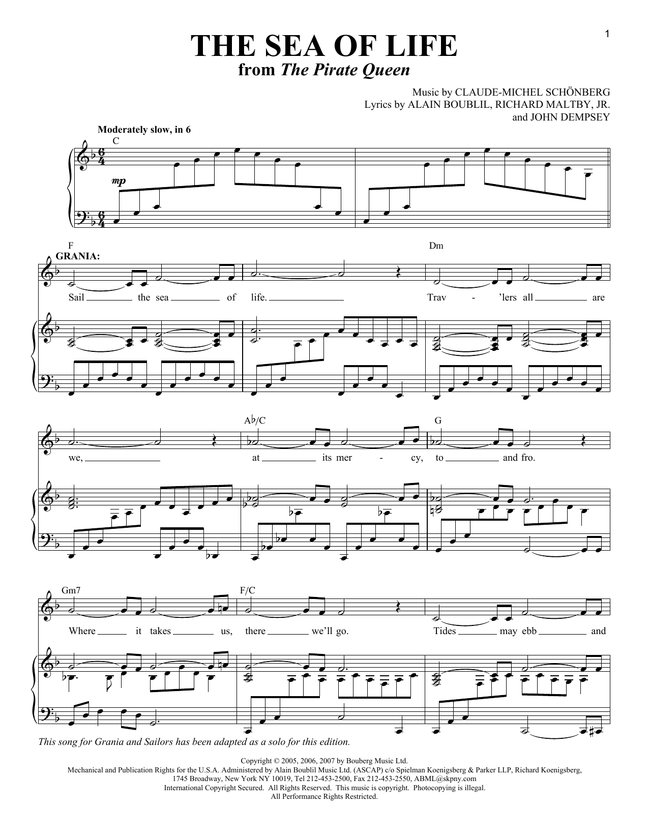 Boublil and Schonberg The Sea Of Life (from The Pirate Queen) sheet music notes and chords arranged for Piano, Vocal & Guitar Chords (Right-Hand Melody)