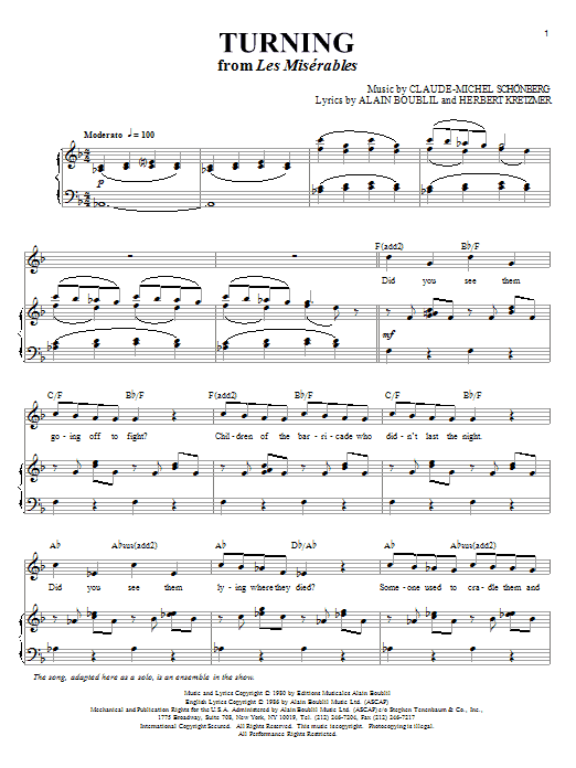 Learn to play Boublil and Schonberg Turning sheet music for Piano & Vocal in minutes. Price: 7.8900$ Boublil and Schonberg Turning sheet music notes and chords arranged for Piano & Vocal