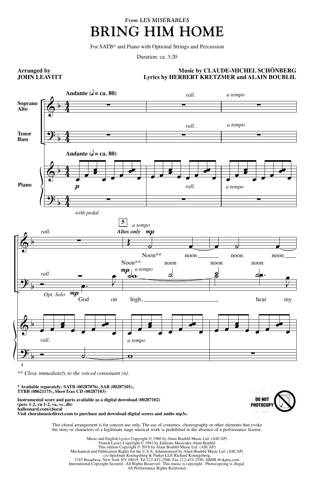 Boublil & Schonberg Bring Him Home (from Les Miserables) (arr. John Leavitt) sheet music notes and chords. Download Printable PDF.