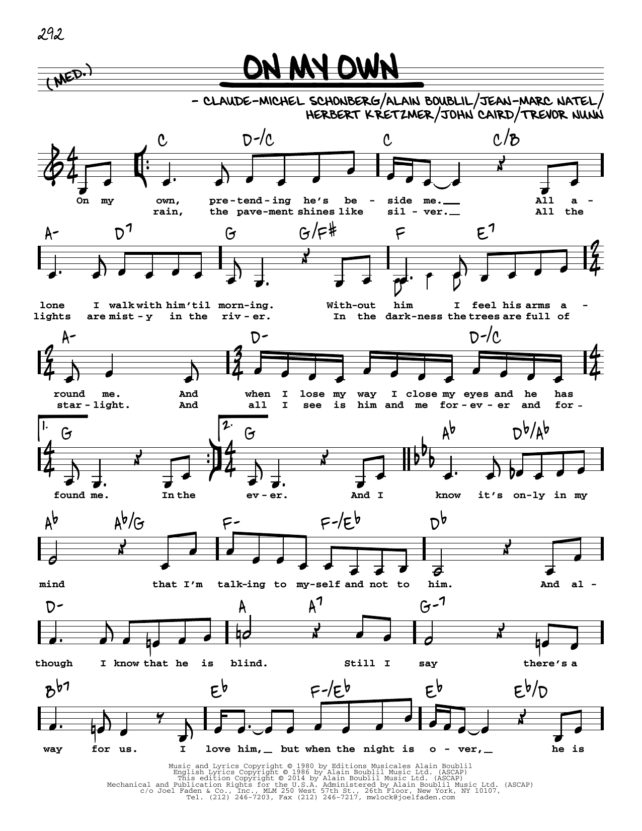 Boublil & Schonberg On My Own (from Les Miserables) (Low Voice) sheet music notes and chords arranged for Real Book – Melody, Lyrics & Chords