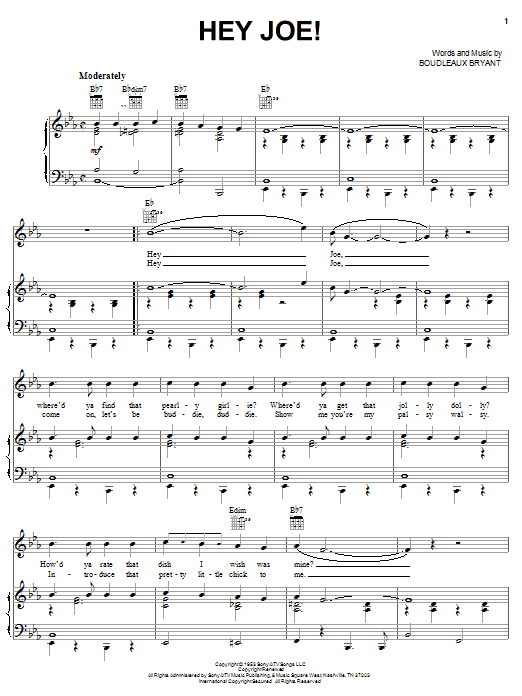 Boudleaux Bryant Hey Joe sheet music notes and chords arranged for Piano, Vocal & Guitar Chords (Right-Hand Melody)