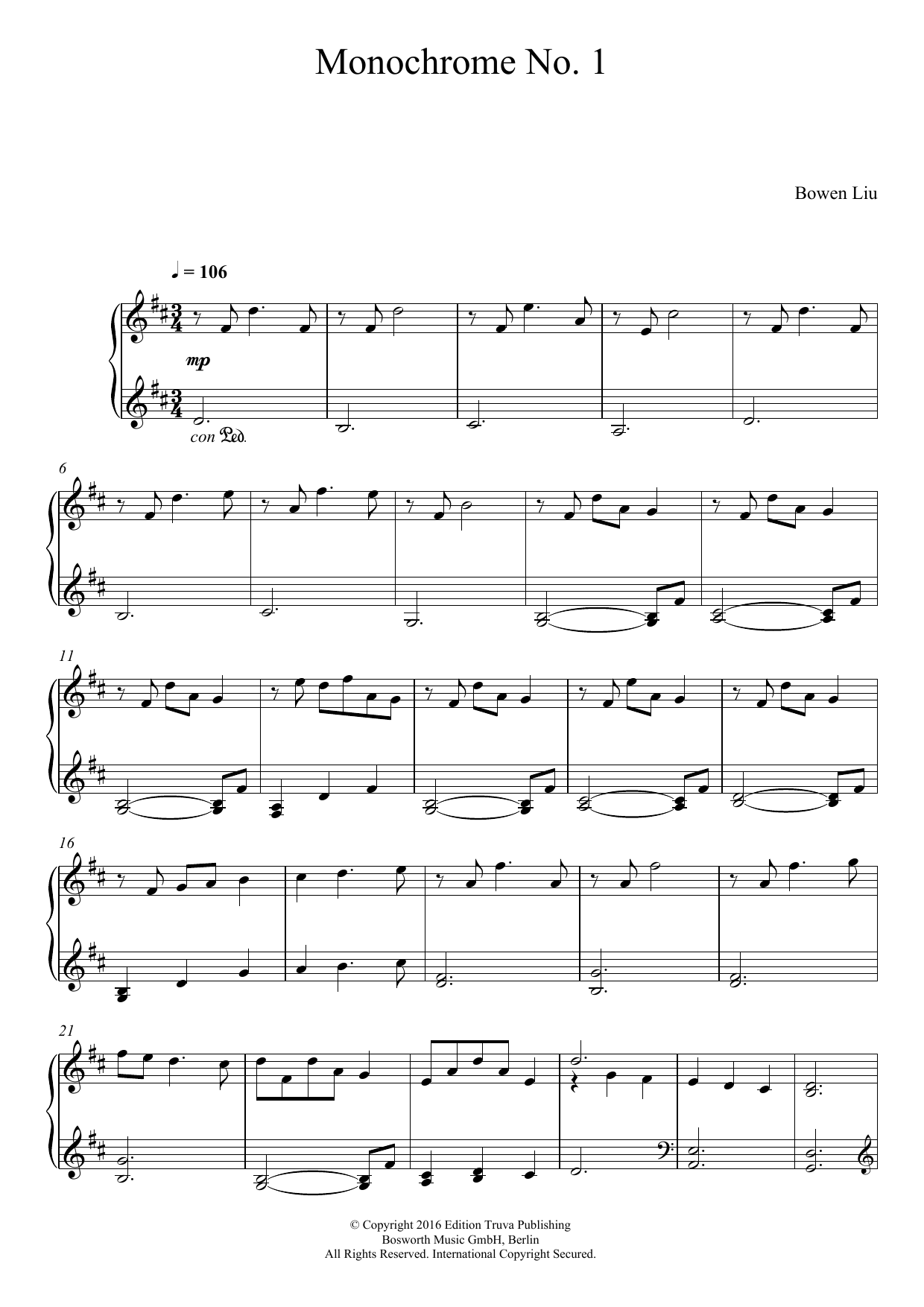 Learn to play Bowen Liu Monochrome No. 1 sheet music for Piano Solo in minutes. Price: 7.8900$ Bowen Liu Monochrome No. 1 sheet music notes and chords arranged for Piano Solo