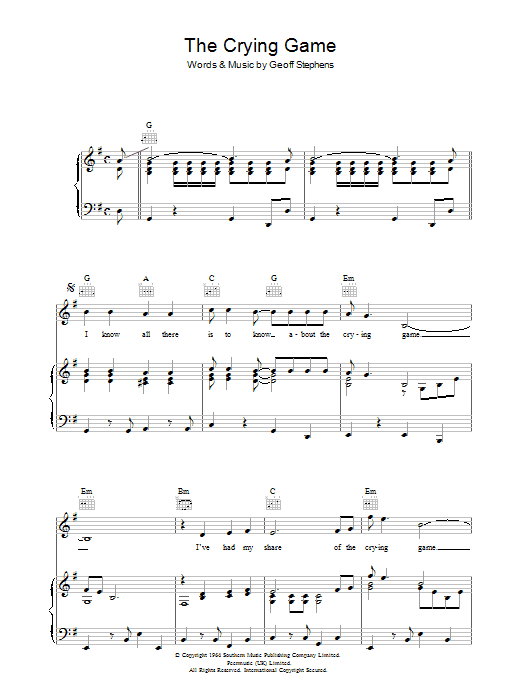 Learn to play Boy George The Crying Game sheet music for Piano, Vocal & Guitar Chords in minutes. Price: 7.8900$ Boy George The Crying Game sheet music notes and chords arranged for Piano, Vocal & Guitar Chords