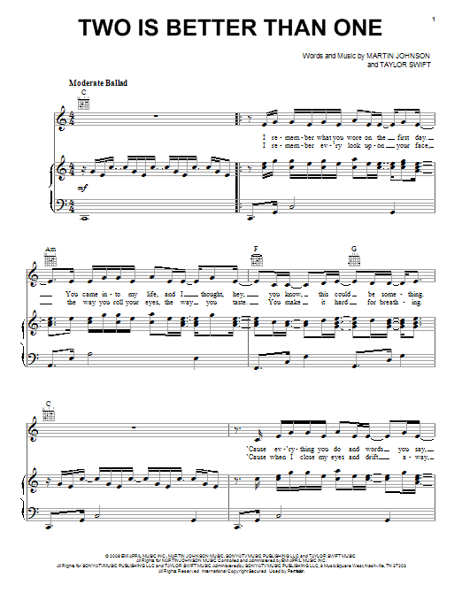 Boys Like Girls Two Is Better Than One (feat. Taylor Swift) sheet music notes and chords arranged for Piano, Vocal & Guitar Chords (Right-Hand Melody)