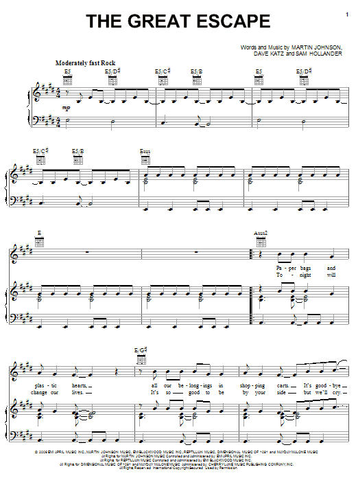 Learn to play Boys Like Girls The Great Escape sheet music for Piano, Vocal & Guitar Chords (Right-Hand Melody) in minutes. Price: 7.8900$ Boys Like Girls The Great Escape sheet music notes and chords arranged for Piano, Vocal & Guitar Chords (Right-Hand Melody)