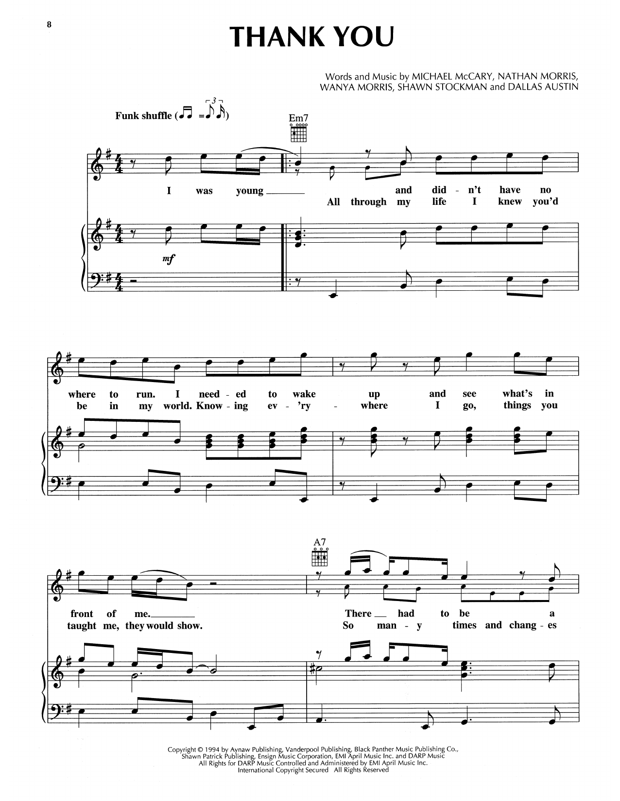 Boyz II Men Thank You sheet music notes and chords arranged for Piano, Vocal & Guitar Chords (Right-Hand Melody)