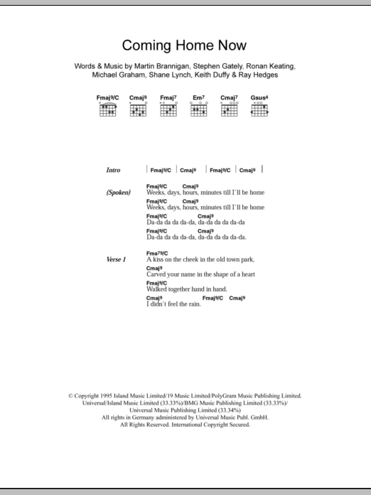 Boyzone Coming Home Now sheet music notes and chords. Download Printable PDF.