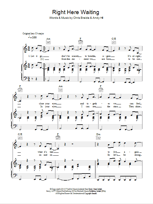 Boyzone Right Here Waiting sheet music notes and chords arranged for Piano, Vocal & Guitar Chords