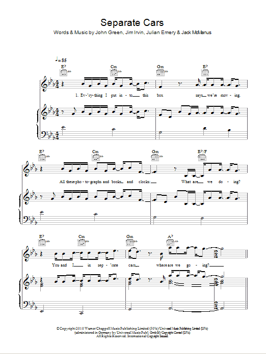 Boyzone Separate Cars sheet music notes and chords arranged for Piano, Vocal & Guitar Chords